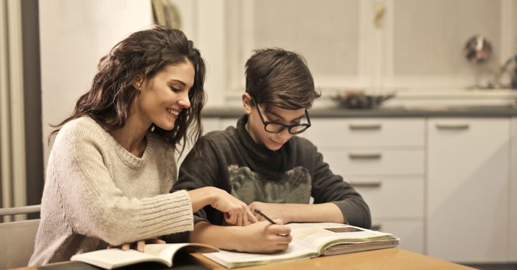 Brother and sister studying together at home, focusing on homework and learning.