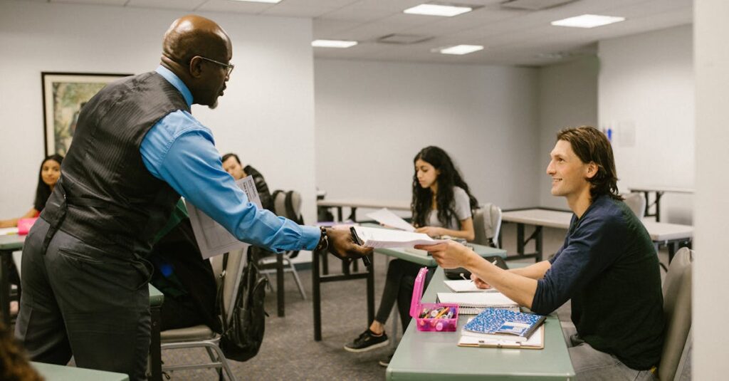 A teacher engaging with students in a university classroom, promoting active learning.