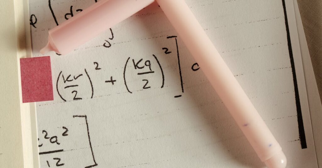 Overhead view of mathematical equations on paper with a pink pen, perfect for education and study concepts.