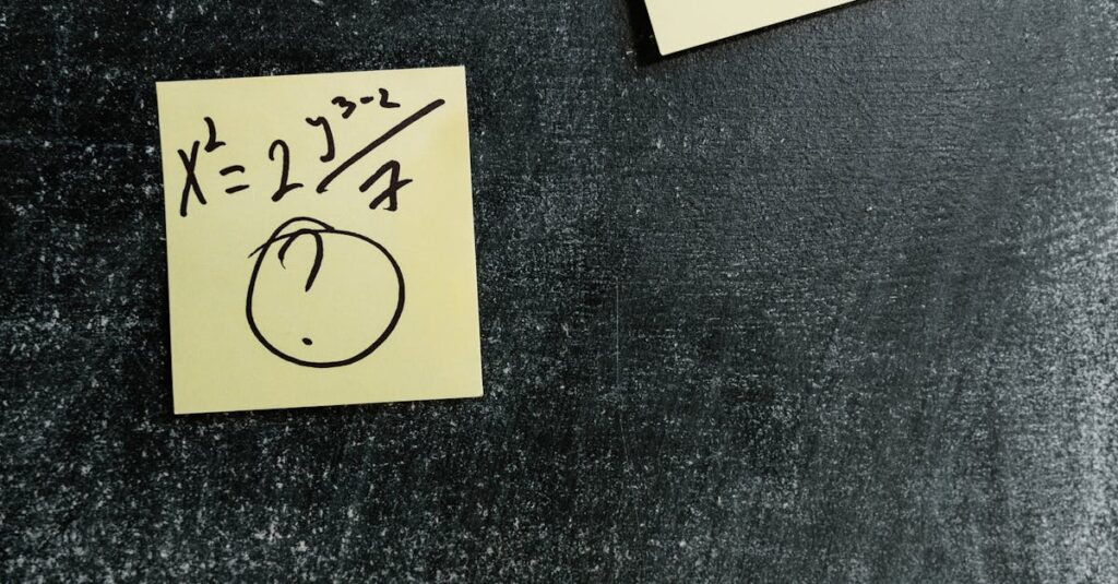 Sticky notes with math equations and homework reminders on a chalkboard.